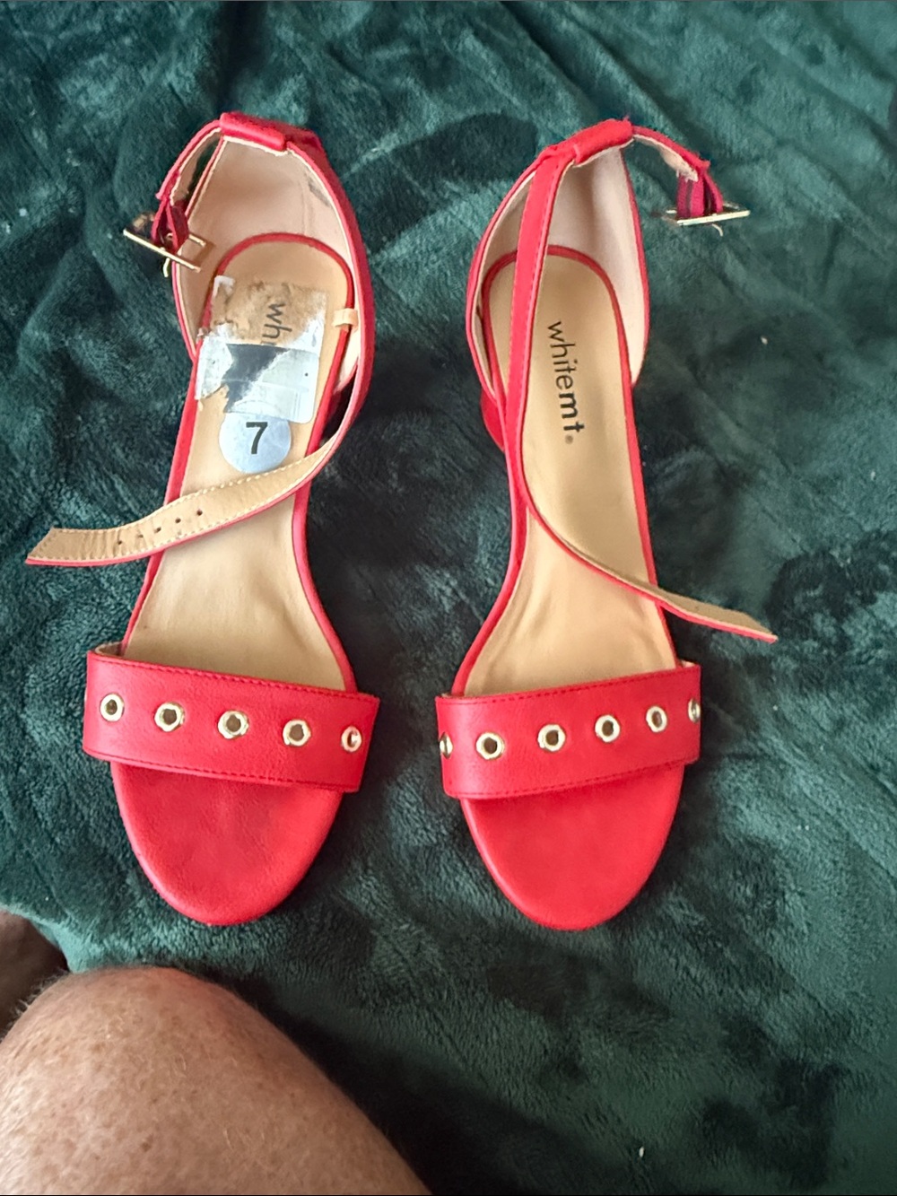 Whitemt Red Ankle-Strap Sandals with Gold Eyelets